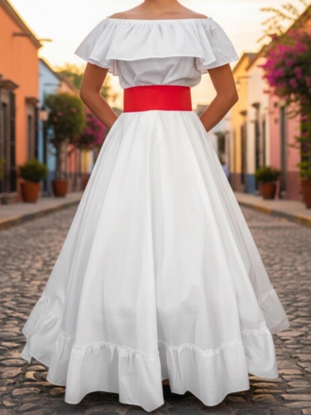 Mexican White Peasant Blouse And Skirt Set White - Red Sash NOT Included